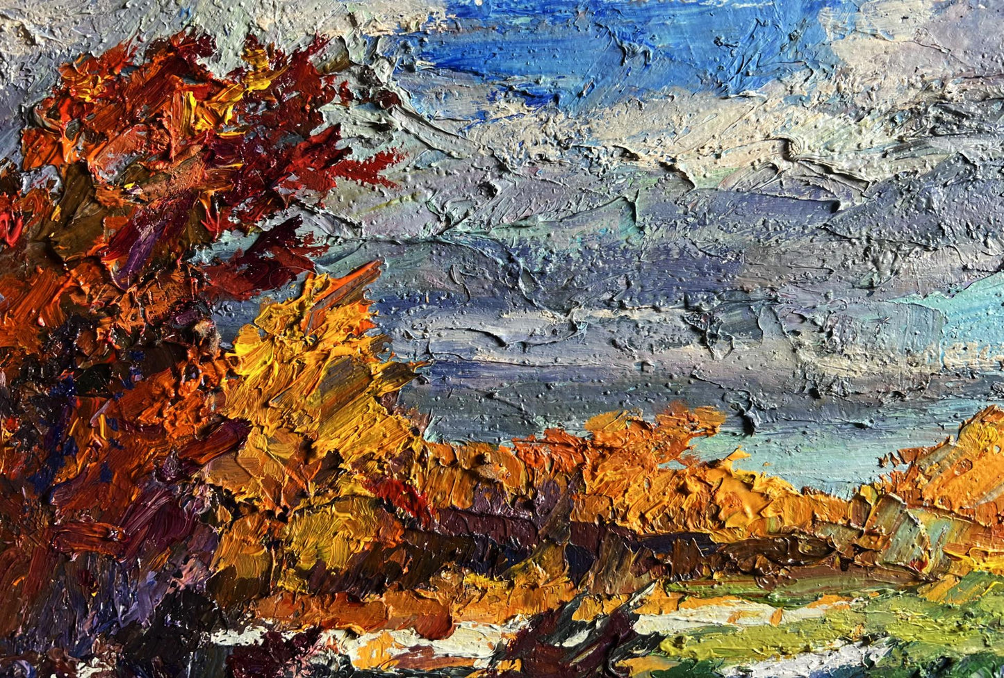 Oil painting The first snow fell by Boris Serdyuk with autumn foliage