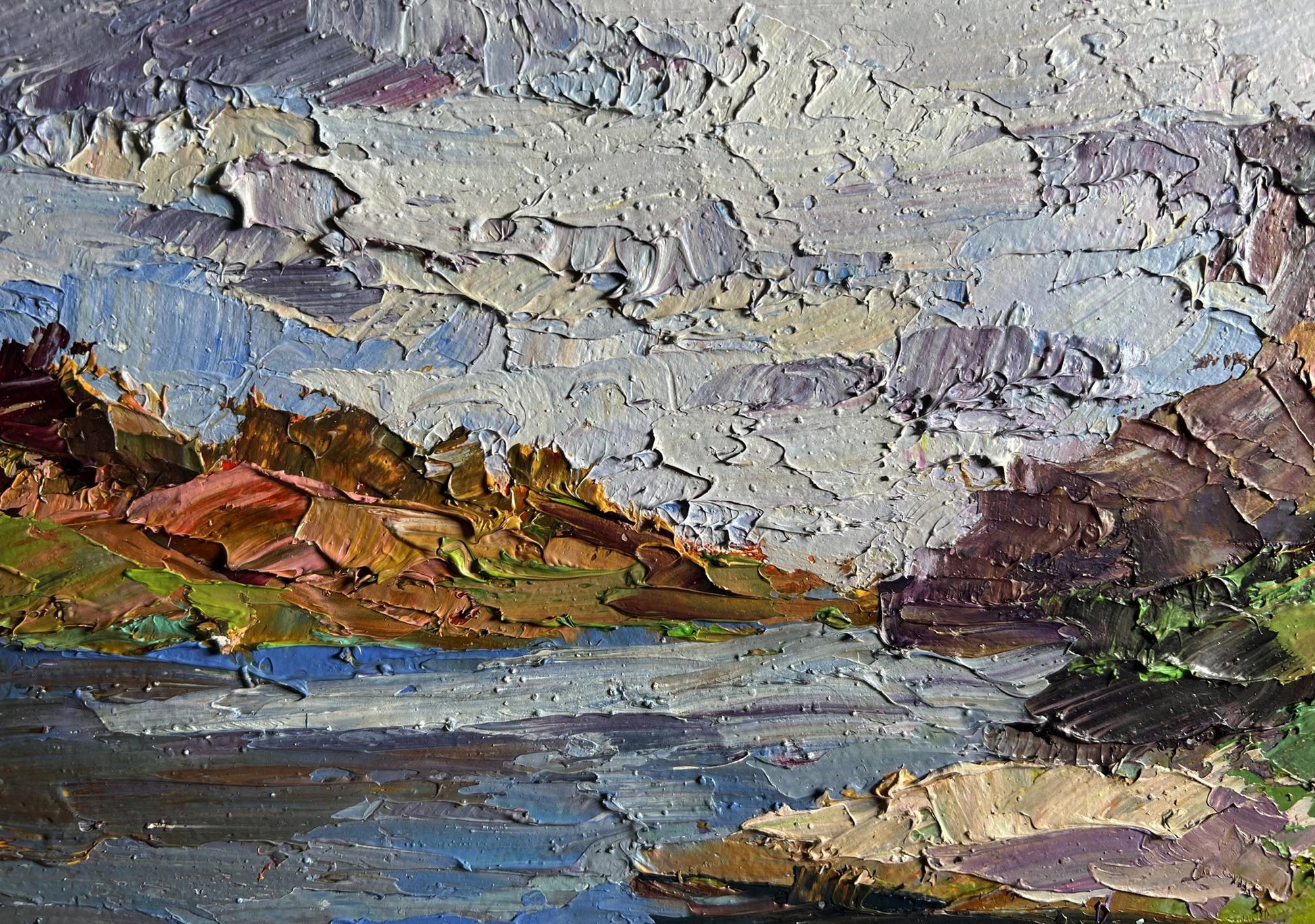 Textured oil painting Stone Coast by Boris Serdyuk, impasto hills and water
