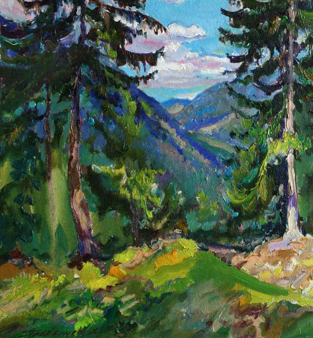 Vibrant impressionist oil painting Sunny day Leonid Pavlenko forested valley