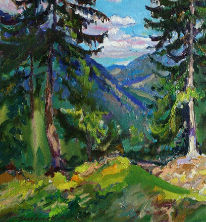 Vibrant impressionist oil painting Sunny day Leonid Pavlenko forested valley