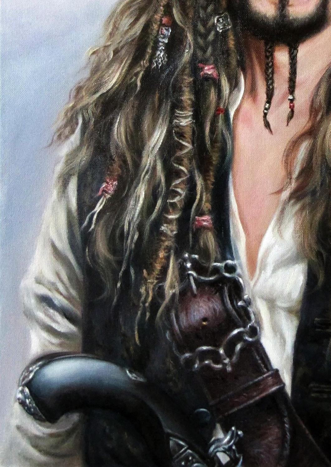 Oil painting of self-portrait as Jack Sparrow with dreadlocks and beads