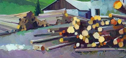 Oil painting by Anastasia Yaroshevich: pile of logs with yellowish-brown ends and grayish bark stacked rustically