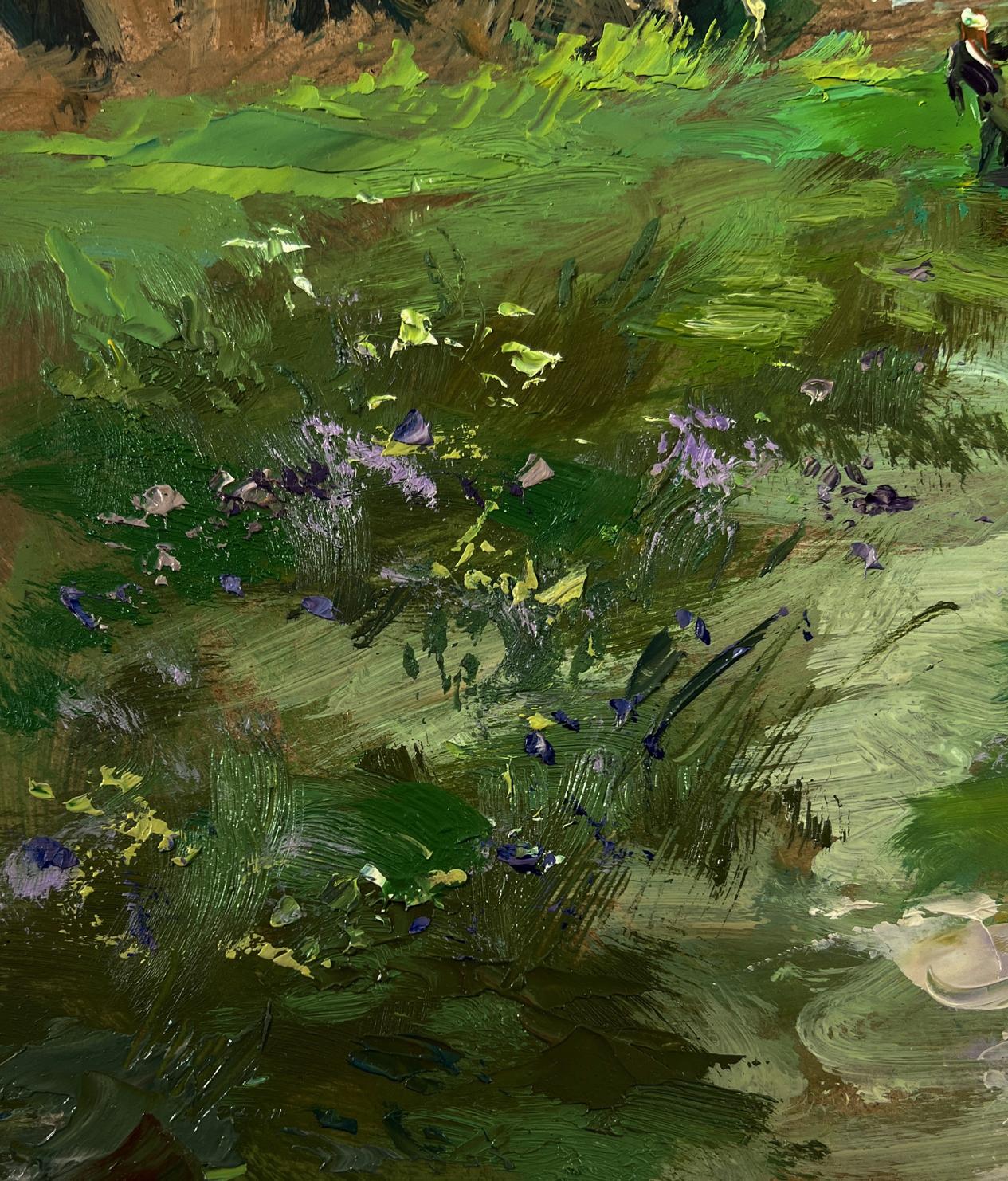 Vibrant impasto oil painting of lush green field with wildflowers by Yuriy Suprunchuk