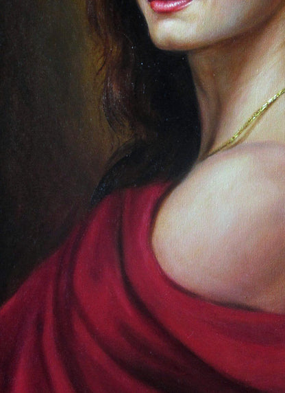 Oil painting Silk fire Valeriy Bulat: womans shoulder in deep red fabric