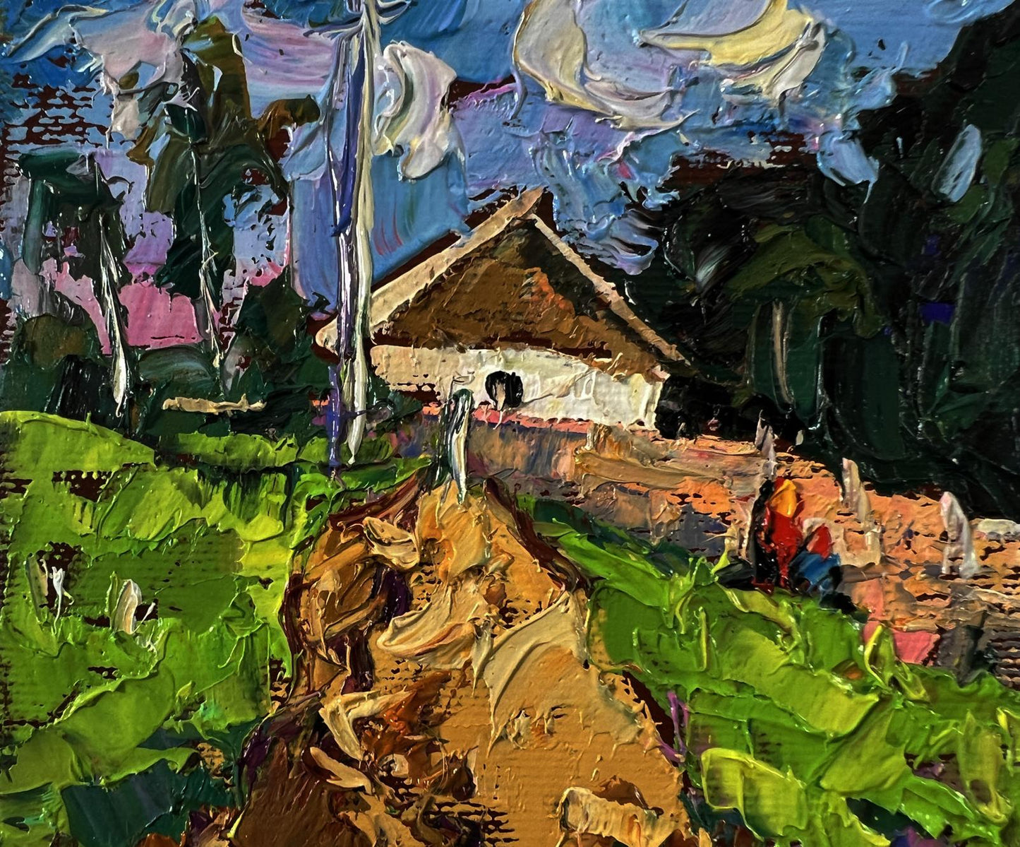 Oil painting The road home by Oleksiy Ivanyuk: rustic house in green fields