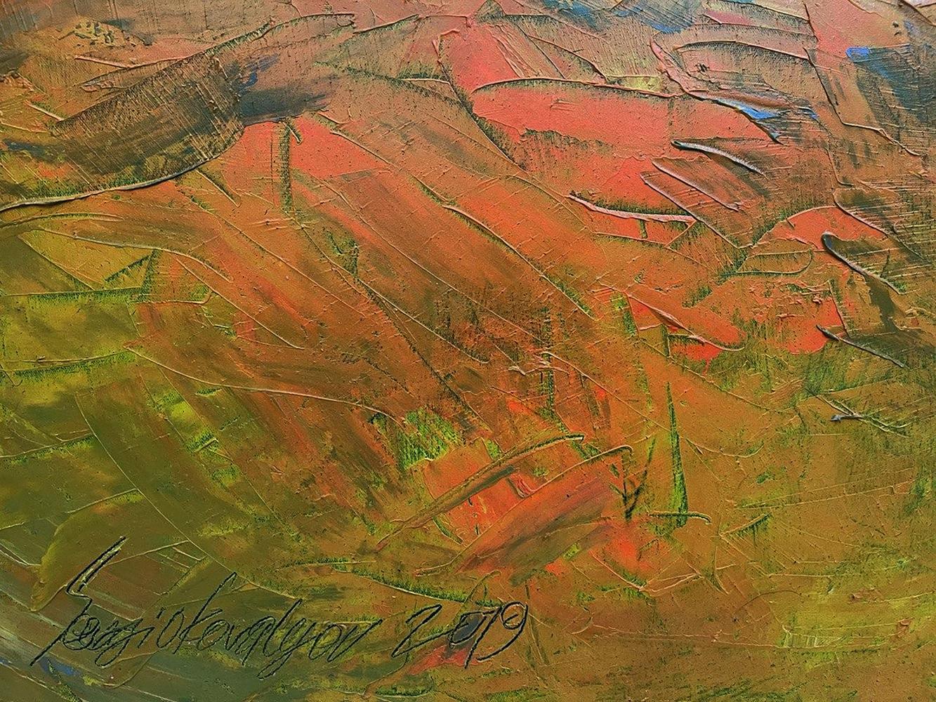 Oil painting Cidade Deserta by Serhiy Kovalev with impasto reds, oranges, greens