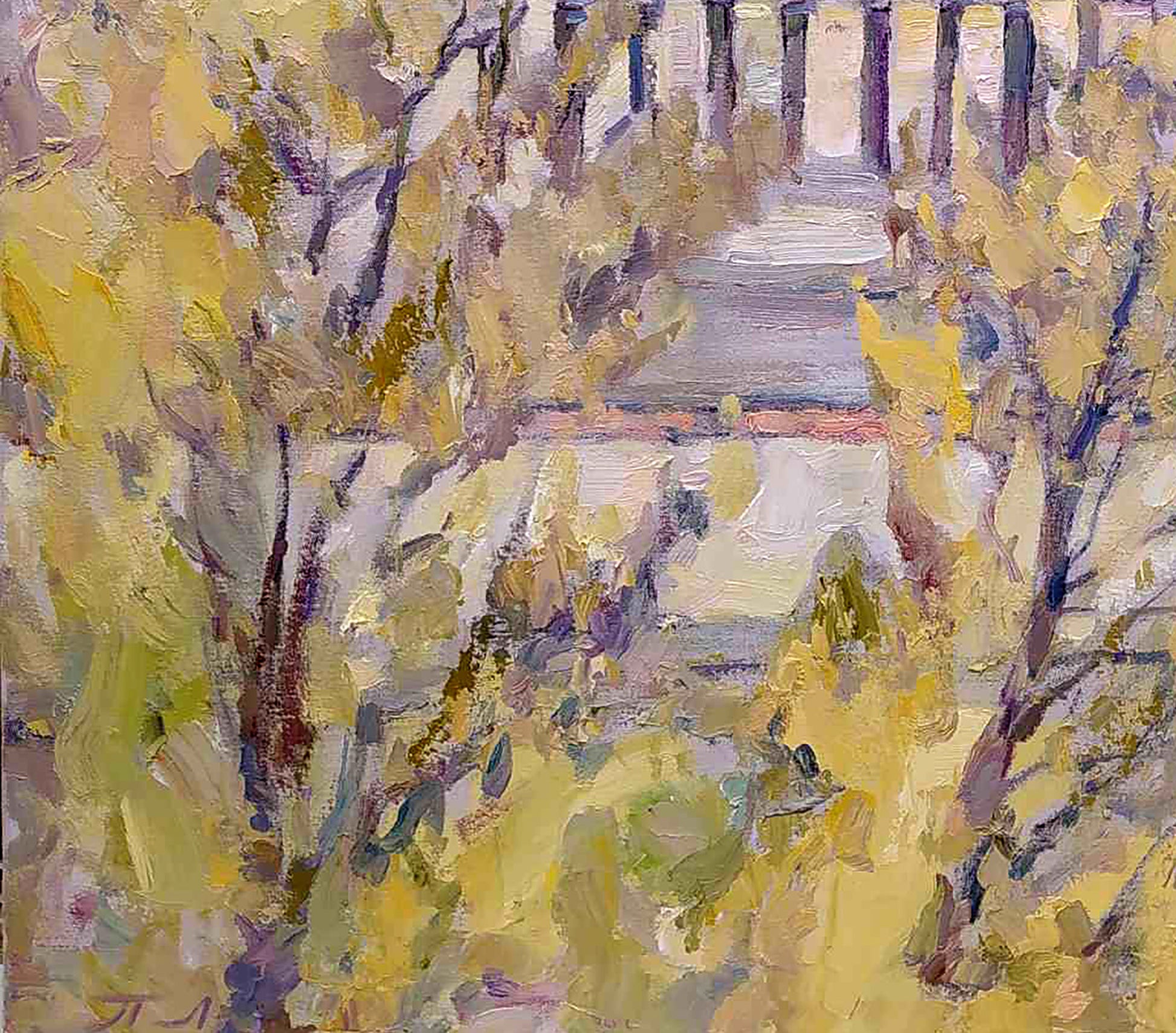 Oil painting Autumn in the City by Leonid Pavlenko, vibrant sunlit pathway