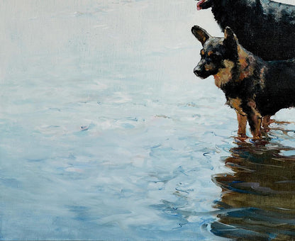 Oil painting Dog Fate by Oleg Kateryniuk: two black and tan dogs in water