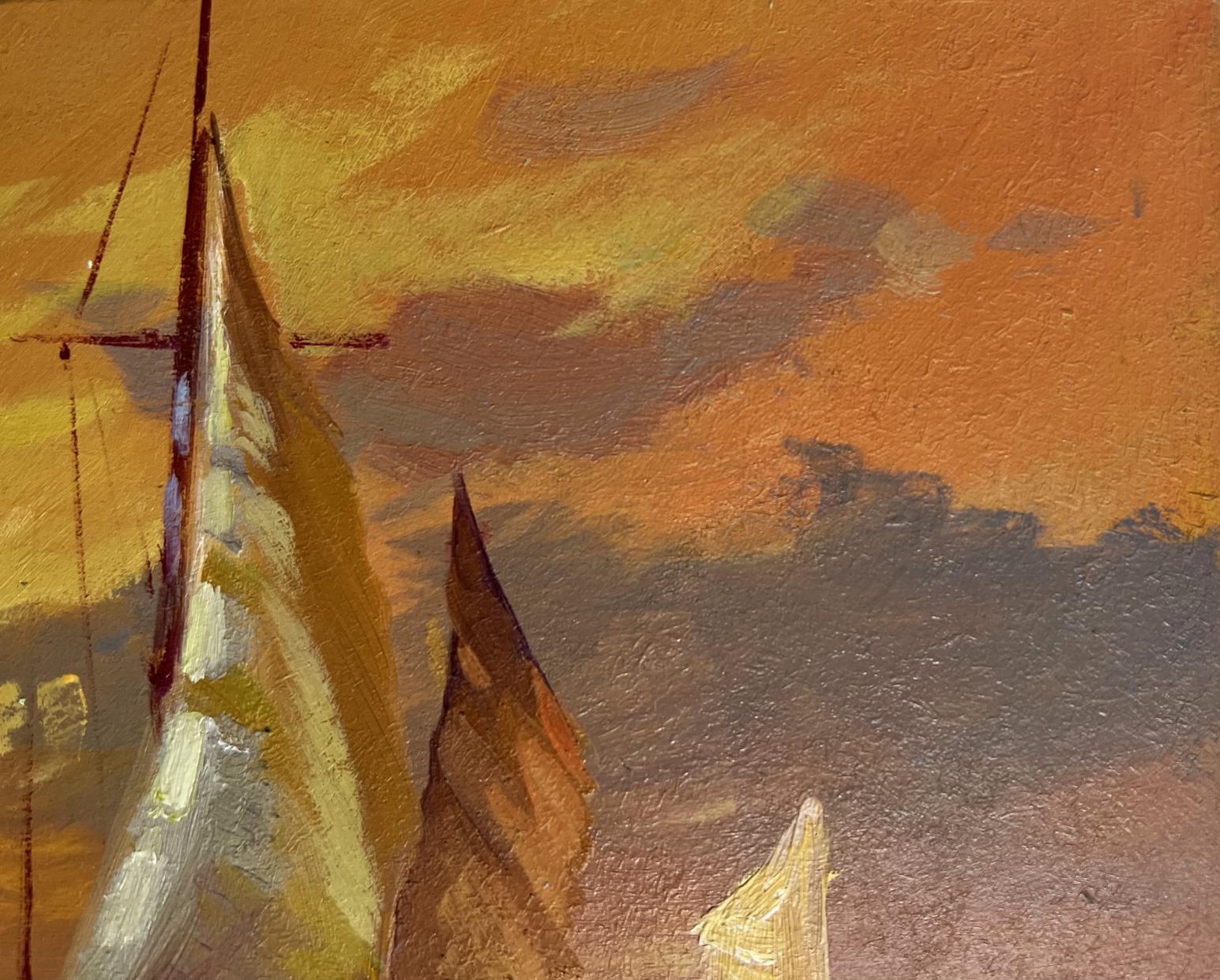 Oil painting In the evening at sea by Yuriy Suprunchuk textured sailboats orange sky