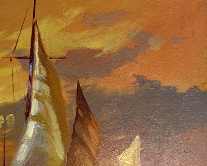 Oil painting In the evening at sea by Yuriy Suprunchuk textured sailboats orange sky