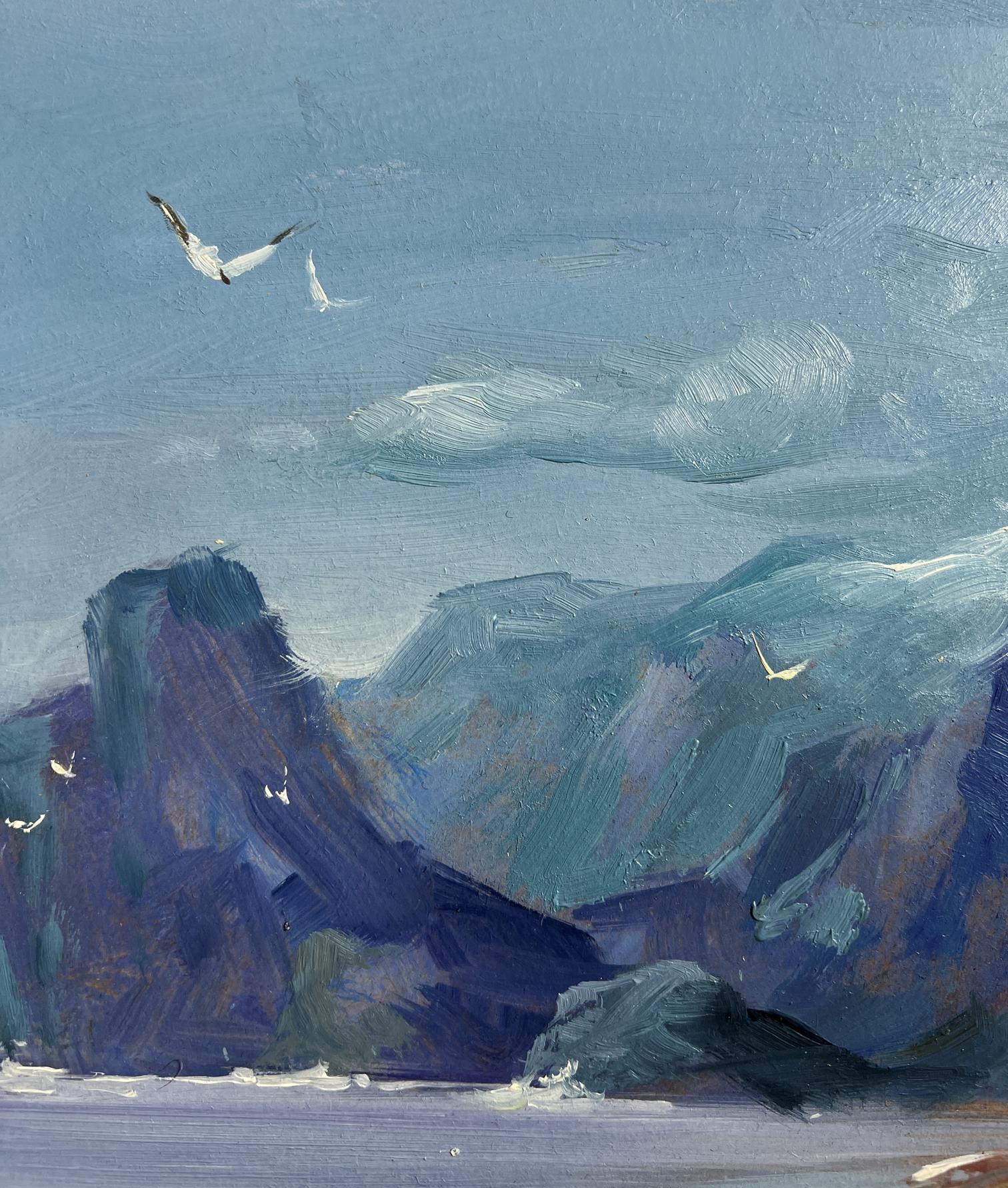 Serene oil painting of dark blue mountains, sea, village by Yuriy Suprunchuk