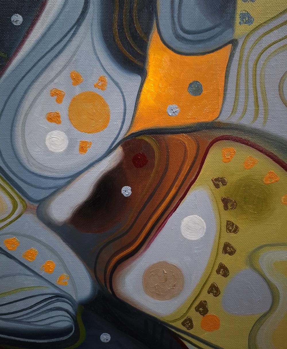 Oil painting of gray crow patterns by Sergiy Voichenko in blue orange gray swirls