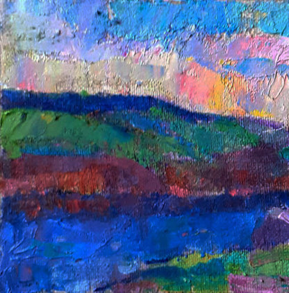 Vibrant impressionist oil painting of river and sunset over meadows by Pavel Dobrev