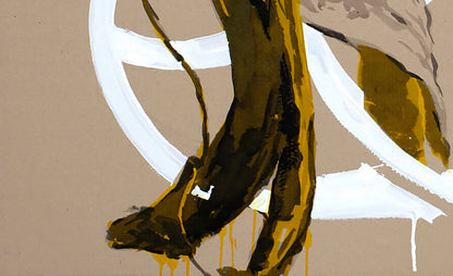 Acrylic painting Eve by Dima Filatov: bold brown, gold, white on beige