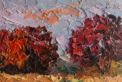 Oil painting Crimson autumn in the forest by Boris Serdyuk, impasto reds
