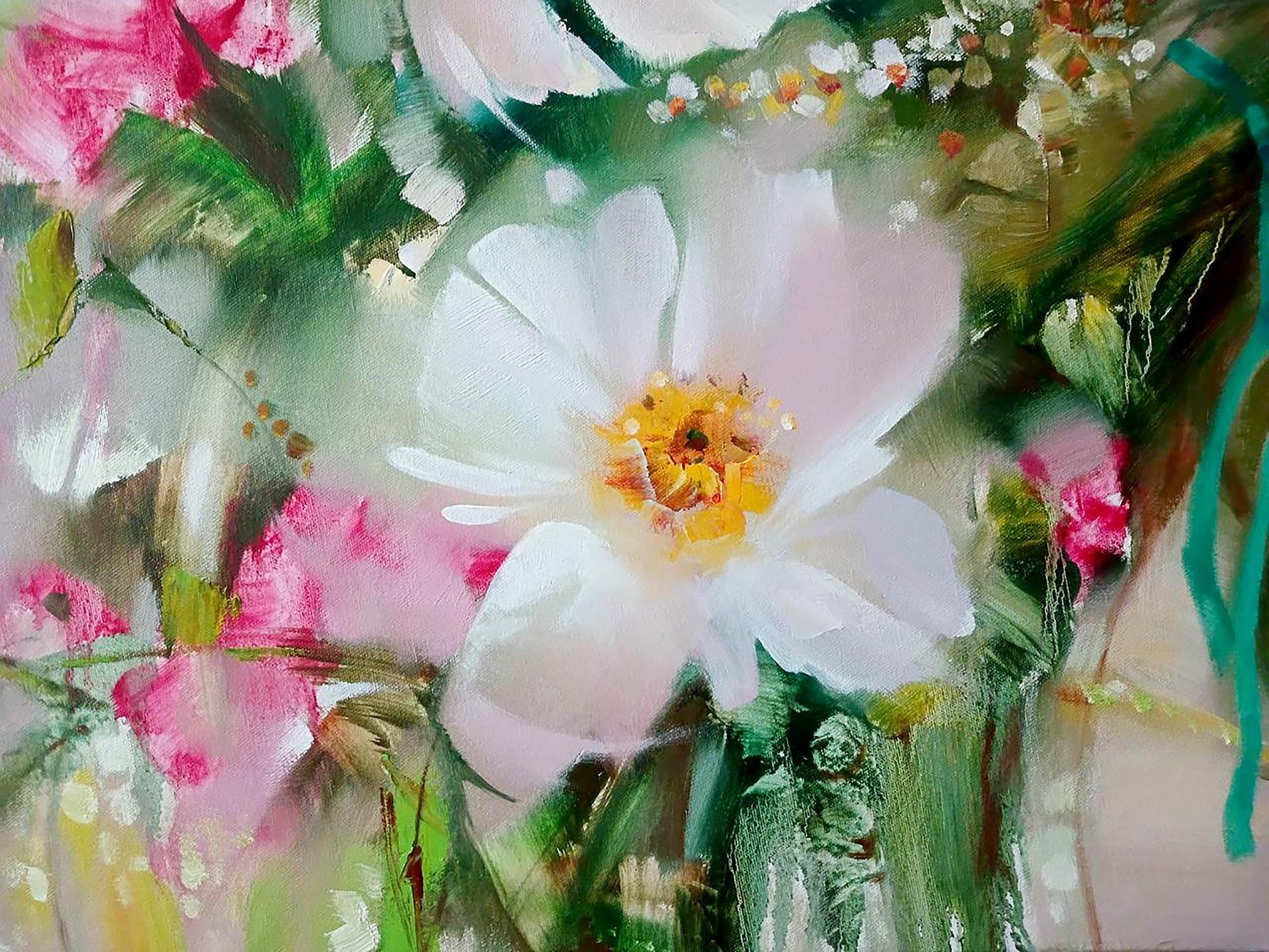 Abstract oil painting April by Anatoly Tarabanov: soft white flower with vibrant yellow center