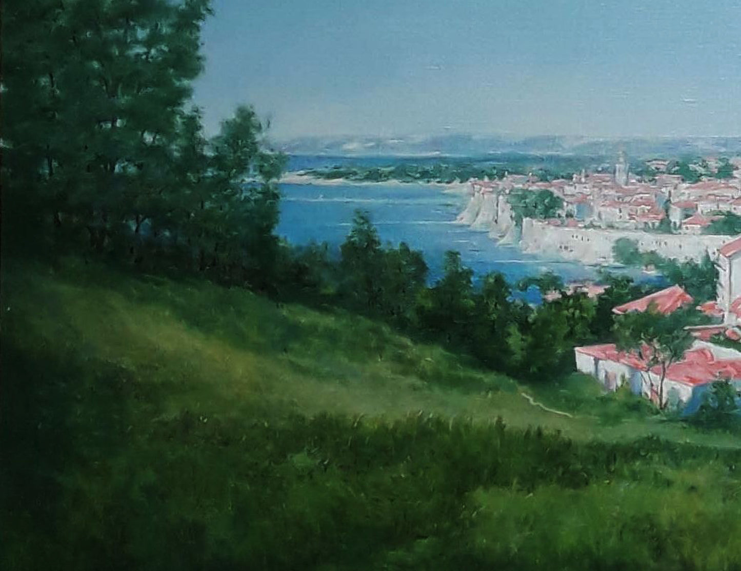 Oil painting of serene City Island by Vasily Korkishko coastal town
