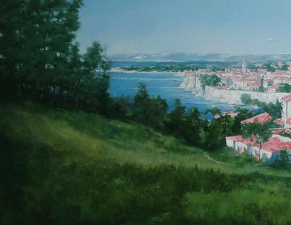 Oil painting of serene City Island by Vasily Korkishko coastal town