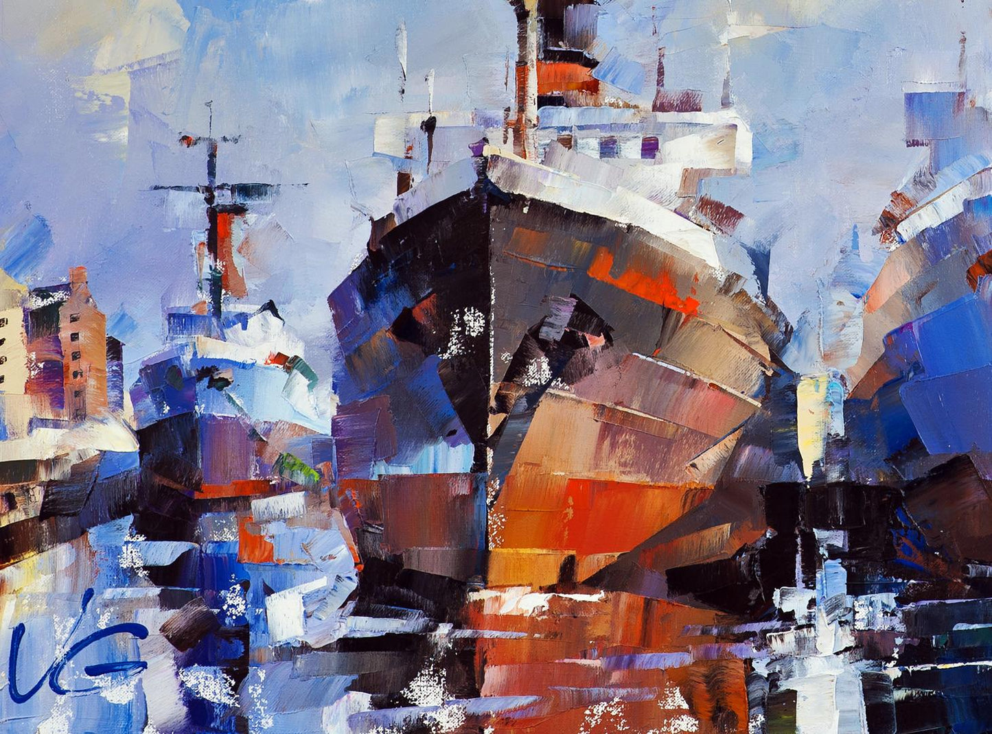 Oil painting Frosty morning by Volodymyr Gluhomanyuk, bold navy and orange ship