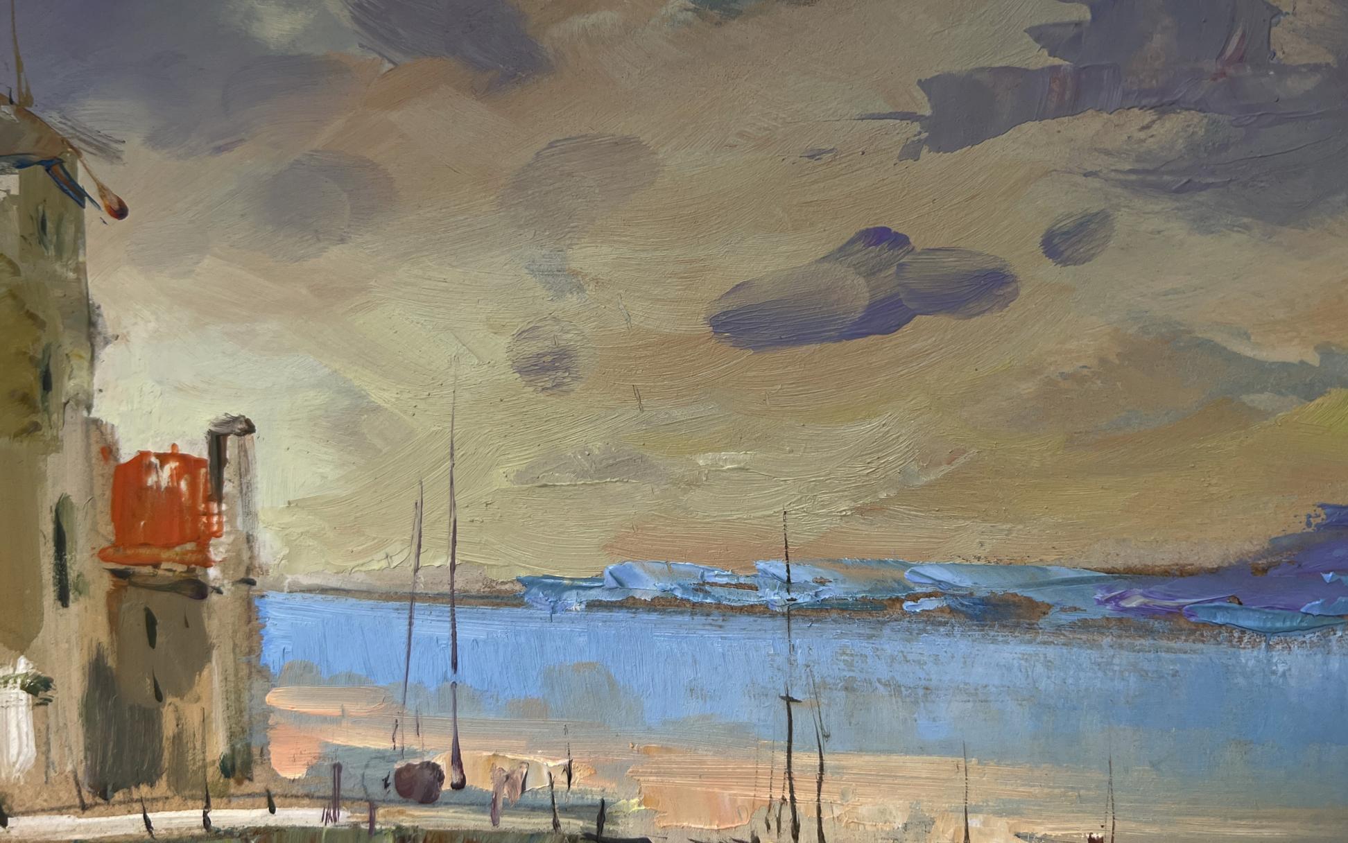 Oil painting of orange sunset in sea by Yuriy Suprunchuk, coastal tower