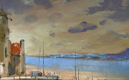 Oil painting of orange sunset in sea by Yuriy Suprunchuk, coastal tower