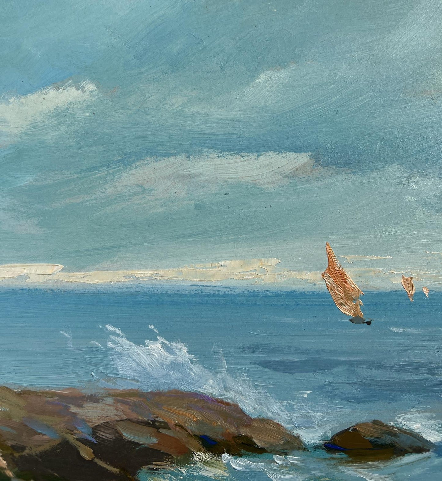 Serene oil painting of sailboats on sea horizon by Yuriy Suprunchuk