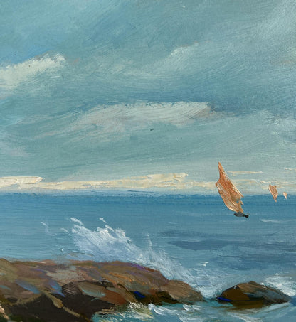 Serene oil painting of sailboats on sea horizon by Yuriy Suprunchuk