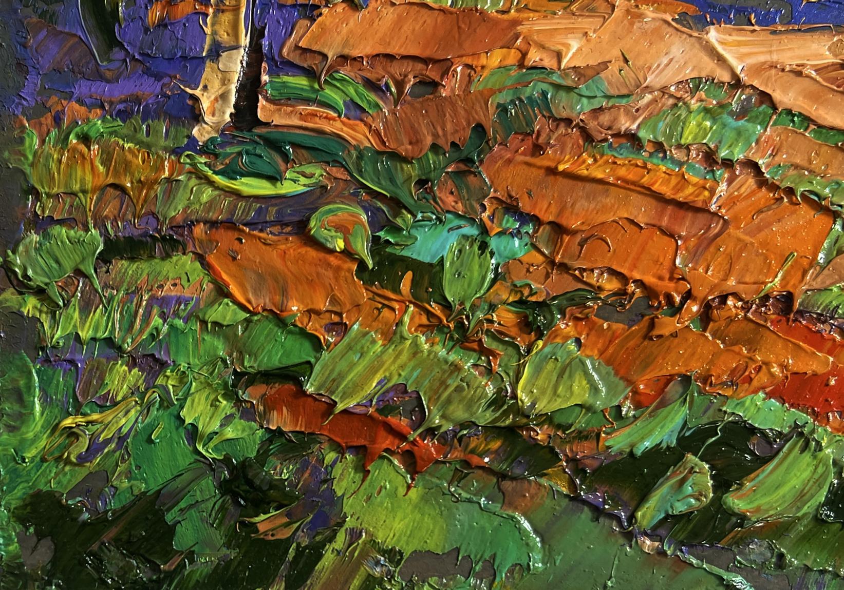 Oil painting Sunny day in the garden by Oleksiy Ivanyuk, textured green orange hues
