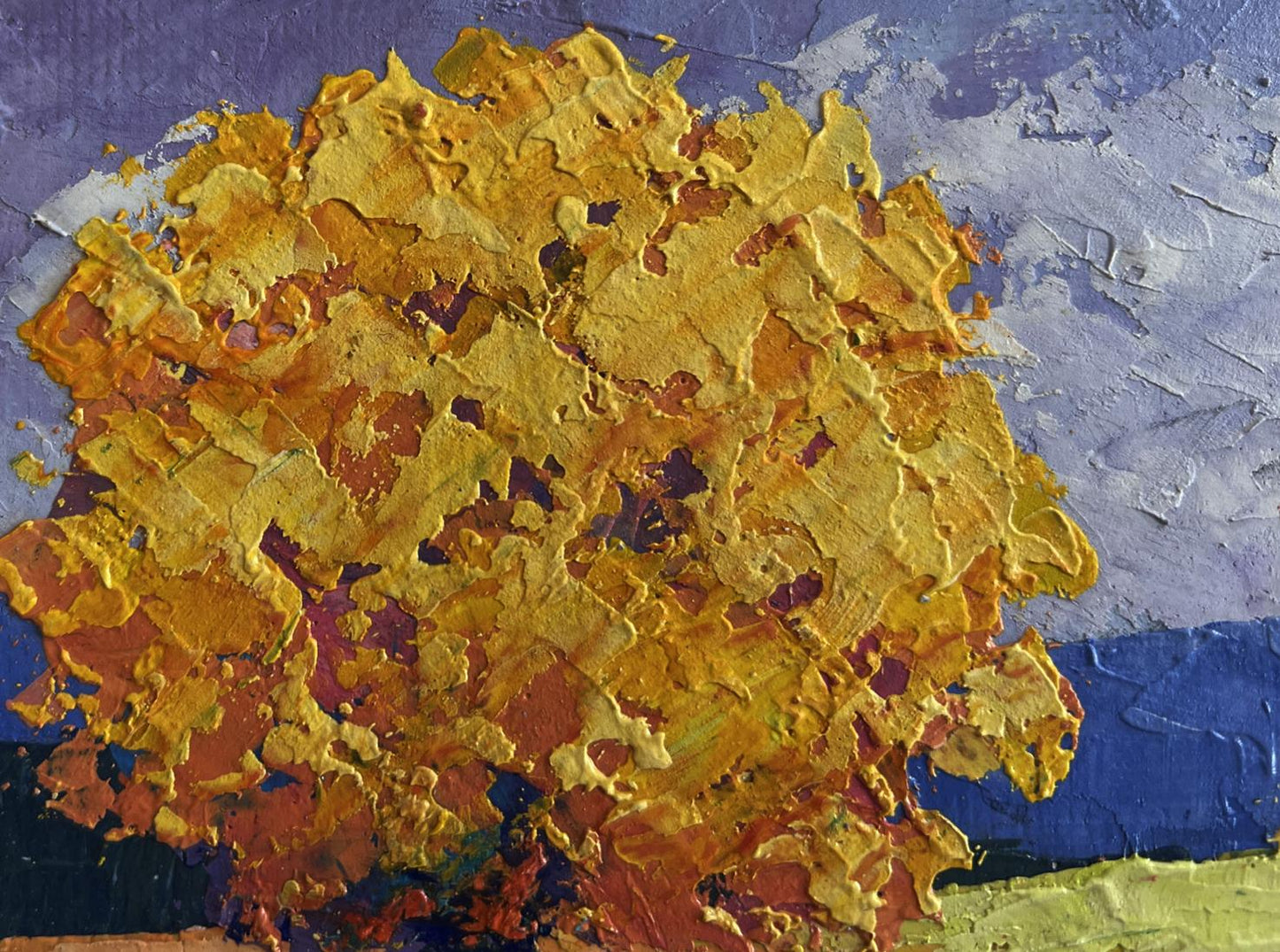 V. Zadorozhnya oil painting of two big trees in field, impasto golden-yellow hues on blue-gray
