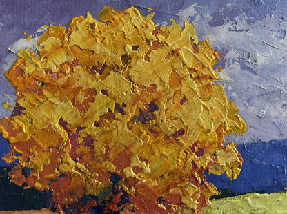 V. Zadorozhnya oil painting of two big trees in field, impasto golden-yellow hues on blue-gray