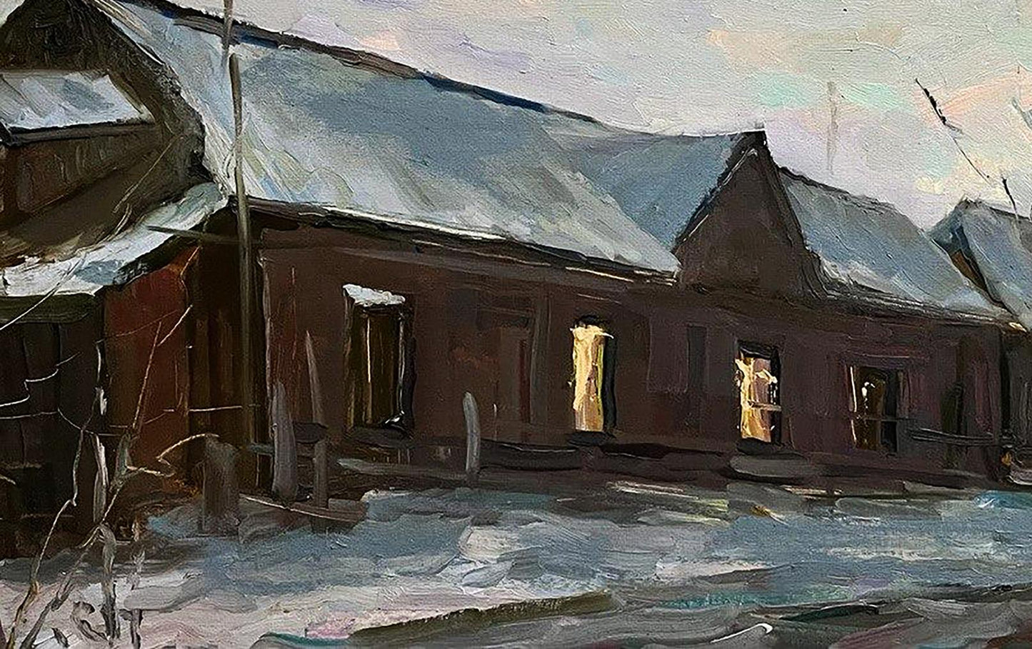 Oil painting of snowy rustic house by Volodymyr Pashchenko
