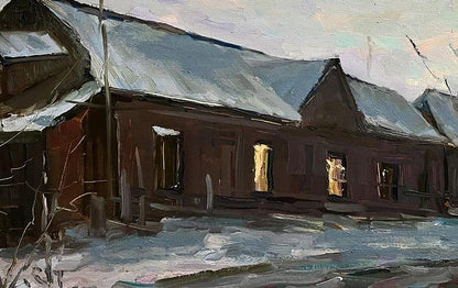 Oil painting of snowy rustic house by Volodymyr Pashchenko
