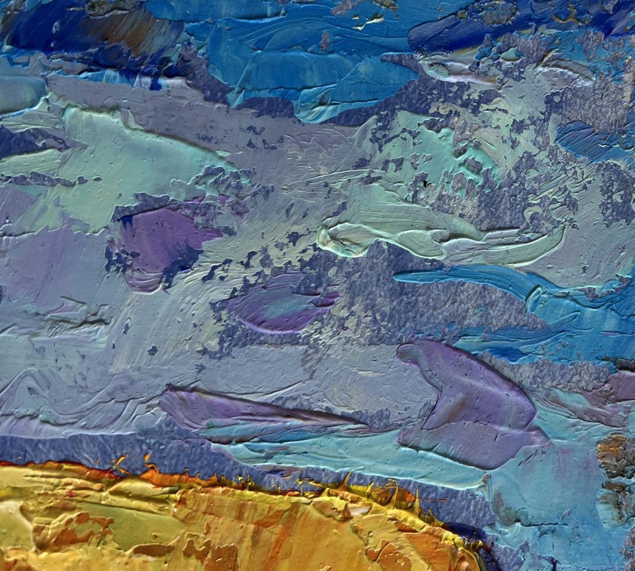 Textured abstract impasto oil painting by Oleksiy Ivanyuk in blue teal purple gold