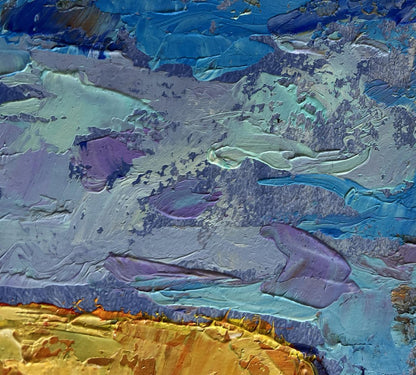 Textured abstract impasto oil painting by Oleksiy Ivanyuk in blue teal purple gold