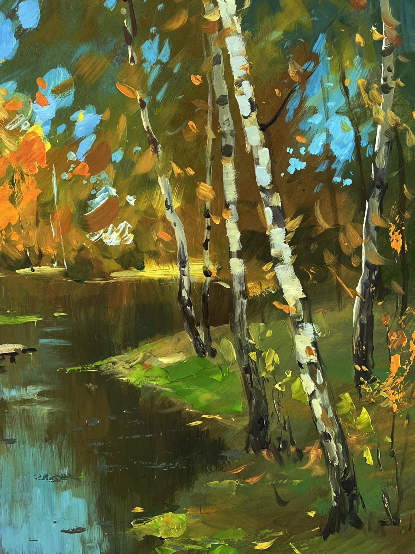 Oil painting of autumn river forest with birch trees by Yuriy Suprunchuk