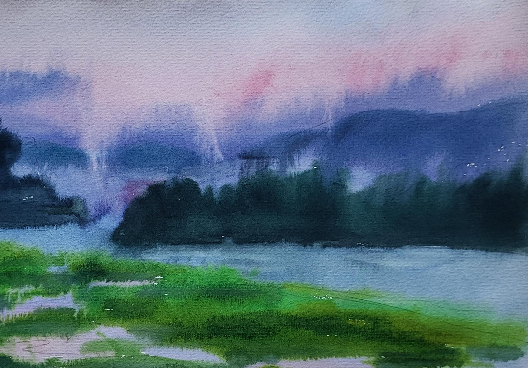 Watercolor painting Morning Fog by Boris Serdyuk: misty mountains, pastel sky