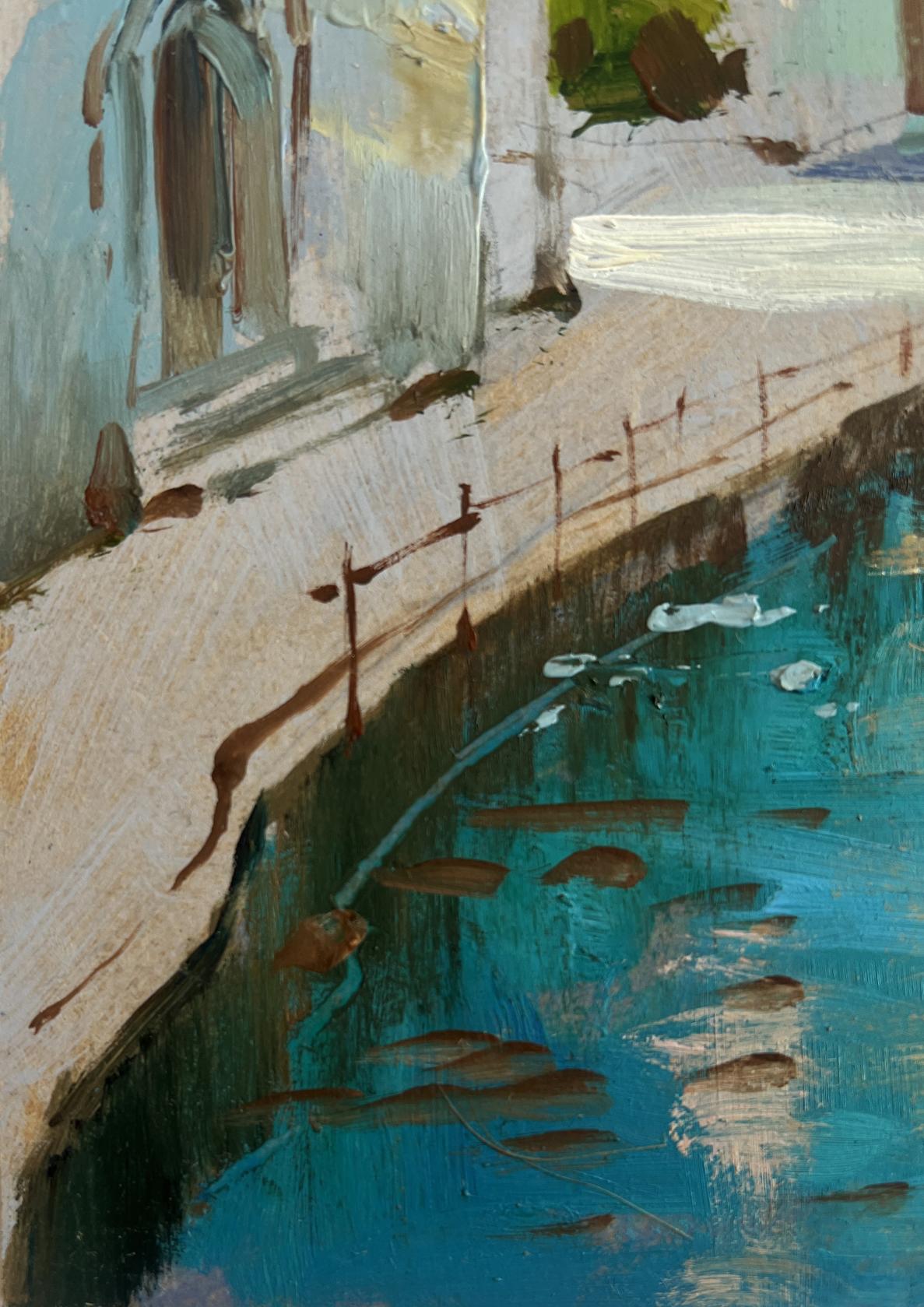Textured impressionist oil painting of canal with turquoise water, white sails by Yuriy Suprunchuk