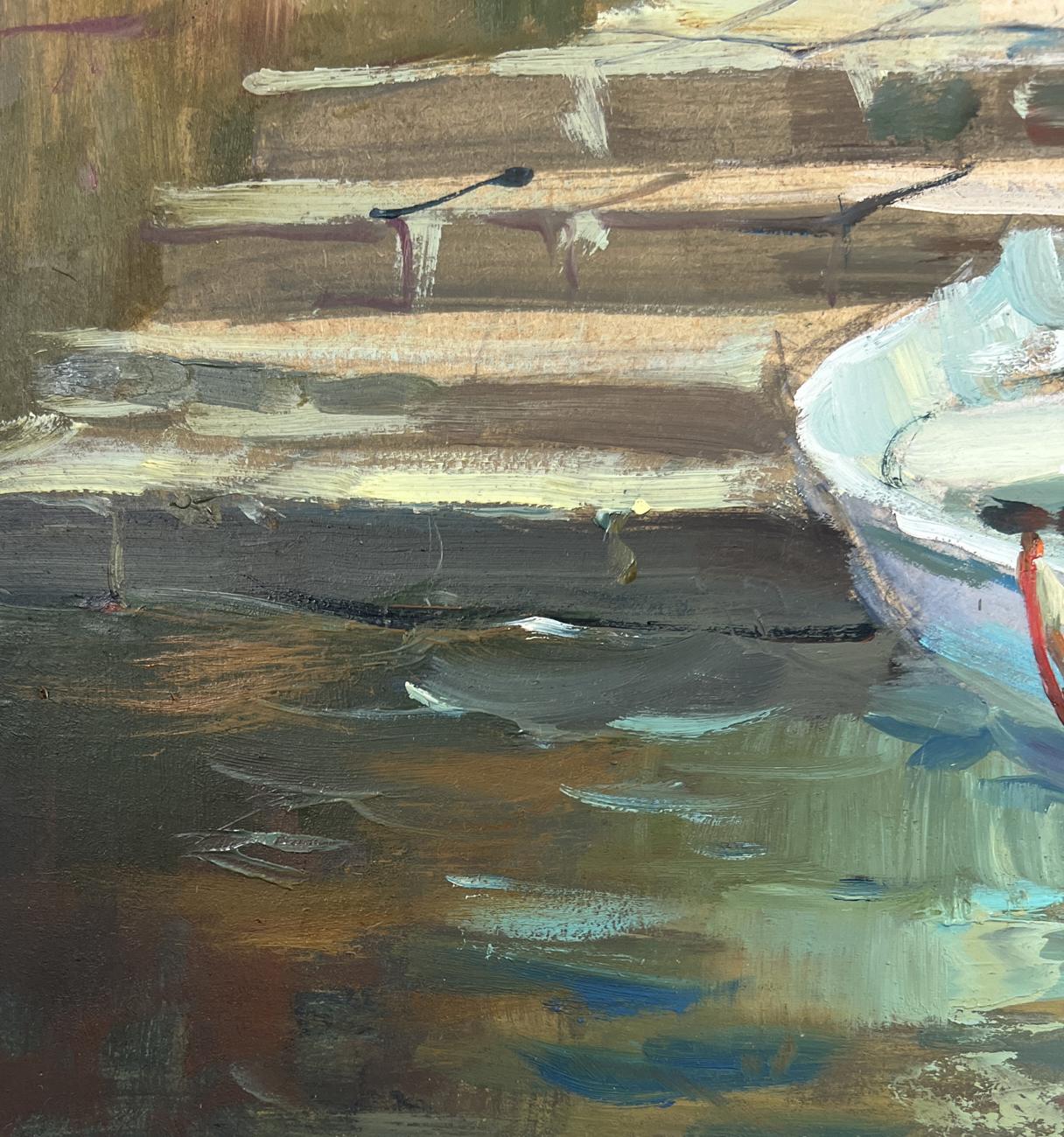 Impressionistic oil painting of white boat with red rope by Yuriy Suprunchuk