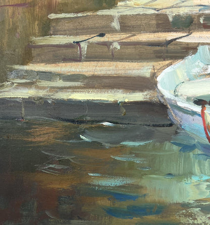 Impressionistic oil painting of white boat with red rope by Yuriy Suprunchuk