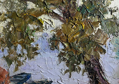Oil painting Boats on the shore by Boris Serdyuk in earthy impasto