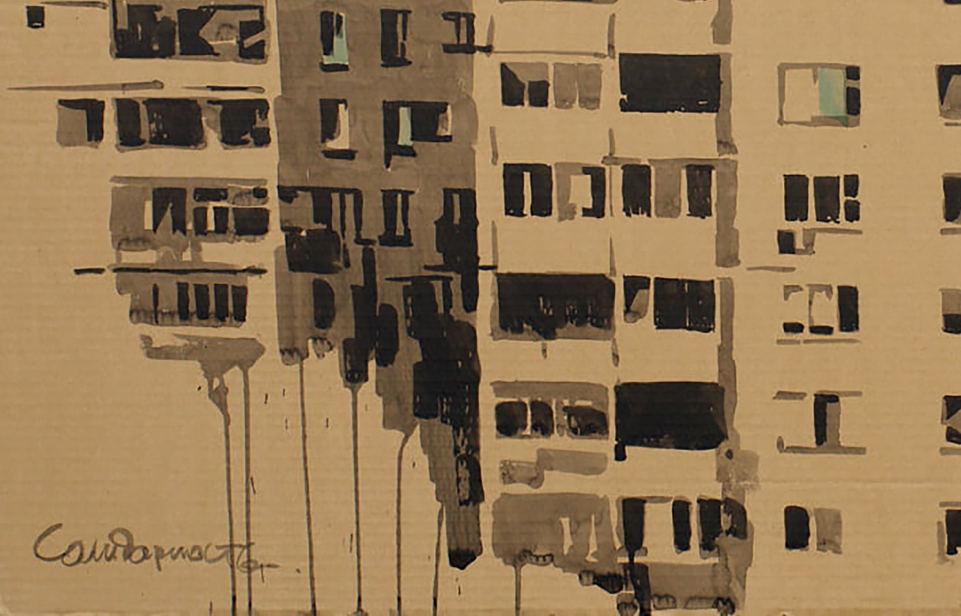 Abstract black gray beige architectural painting by Dima Filatov on canvas