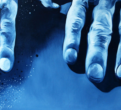Oil painting of strong blue arms by Konsta G. Amelinn with detailed texture