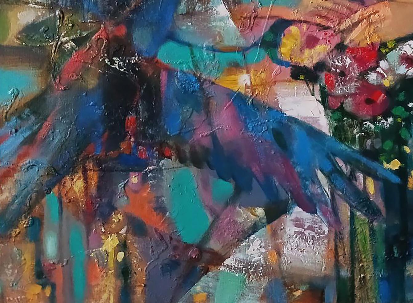 Vibrant abstract oil painting by Anatoly Tarabanov with girl and flowers