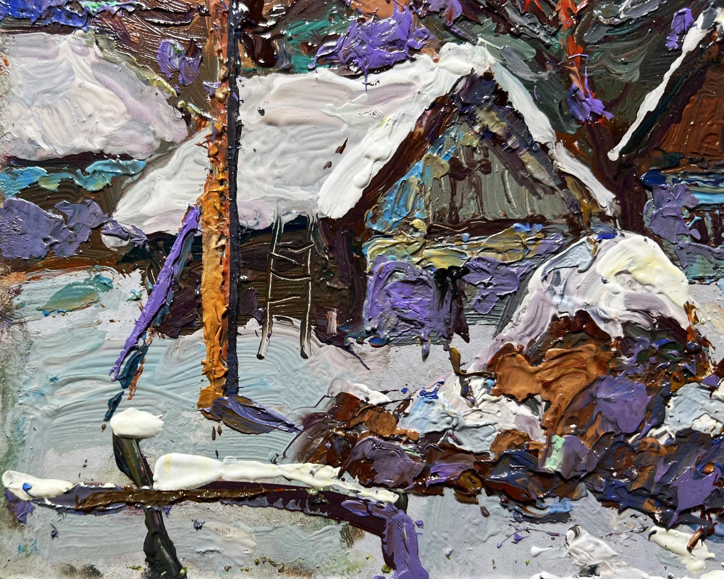 Oil painting The yard is covered in snow by Oksana Ivanyuk, snowy cabin