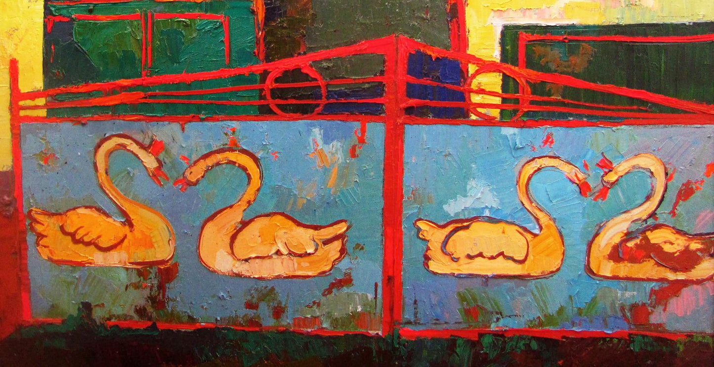 Oil painting of orange swans on blue panel by Natalia Korf-Ivaniuk
