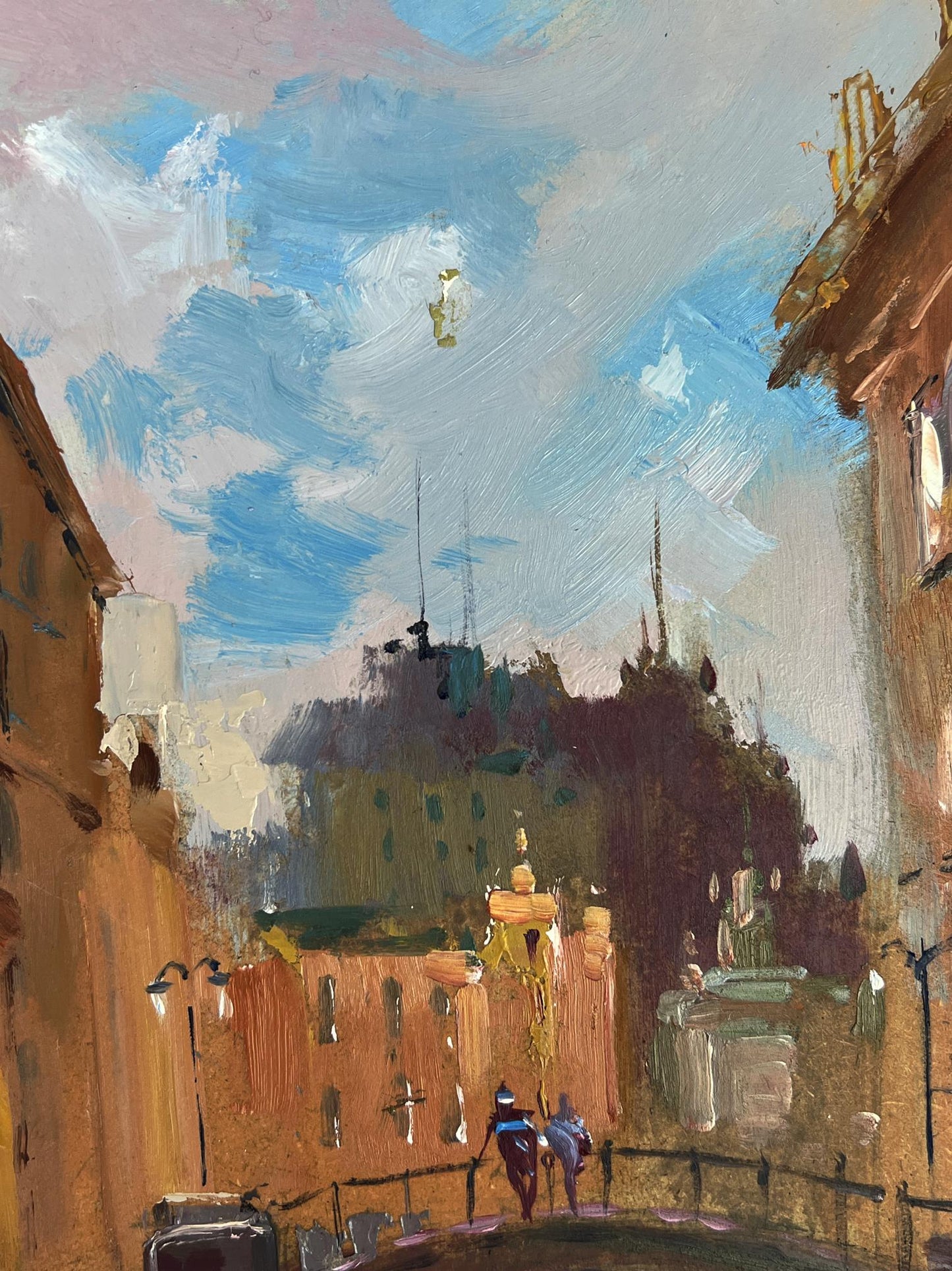 Warm-toned oil painting of city streets with bridge by Yuriy Suprunchuk