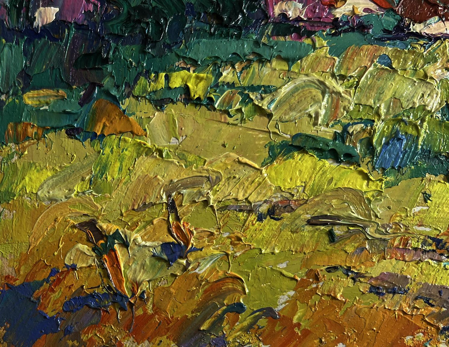 Oil painting After the Rain Freshness by Oleksiy Ivanyuk, textured green yellow orange