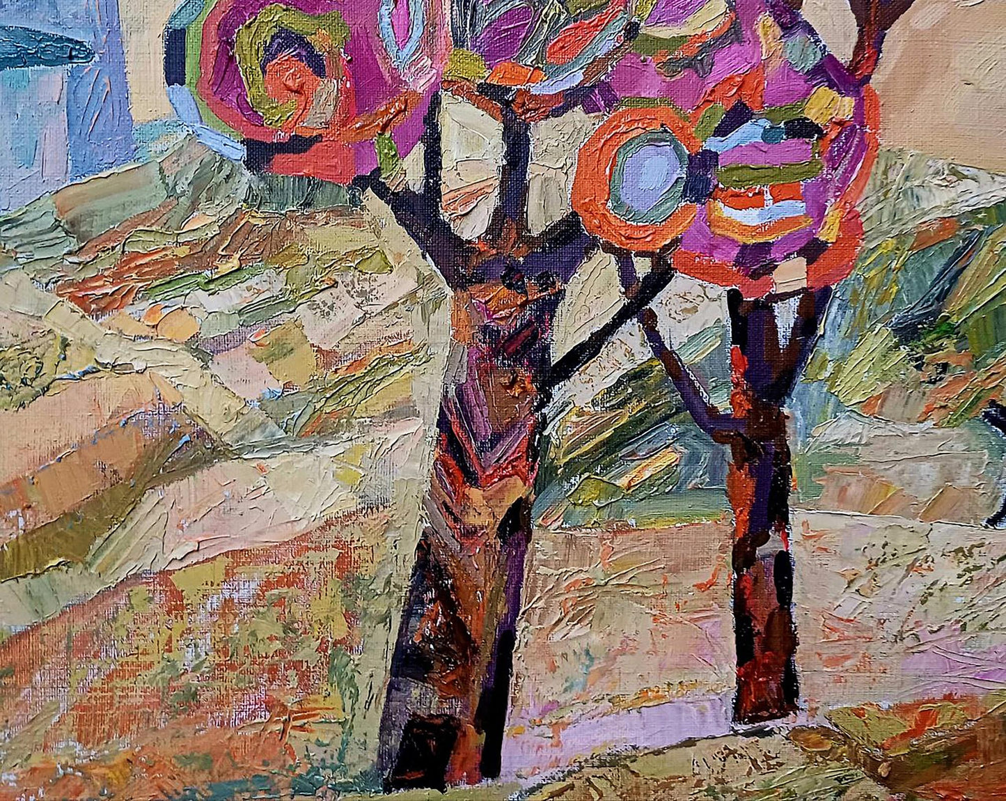 Vibrant oil painting of village in mountains with stylized trees by Tatyana Shulyak