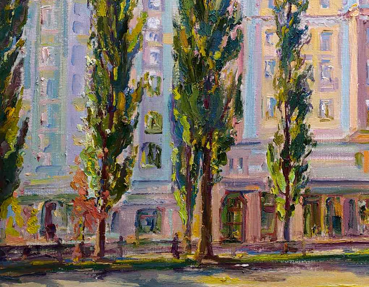 Oil painting On the boulevard Leonid Pavlenko: tall slender trees lining city street