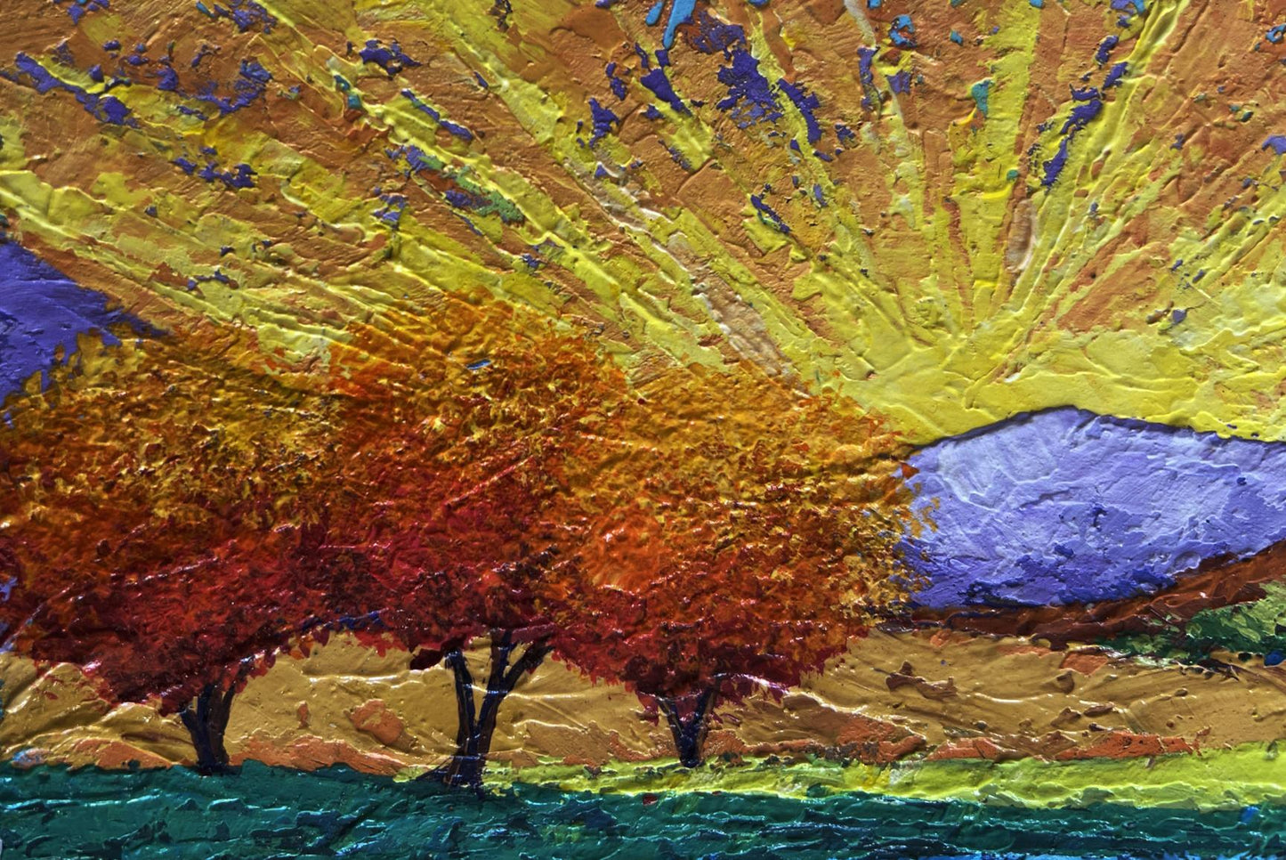 Vibrant oil painting of autumn trees under yellow sun rays by V. Zadorozhnya